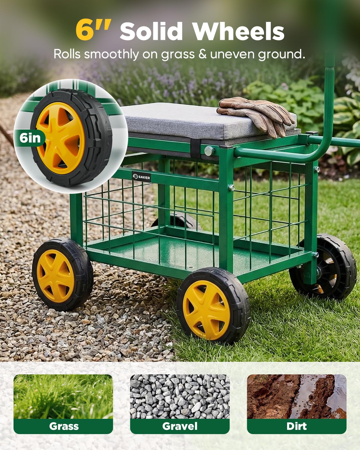 Saker handle and reinforced steel frame detail, sturdy support benefit