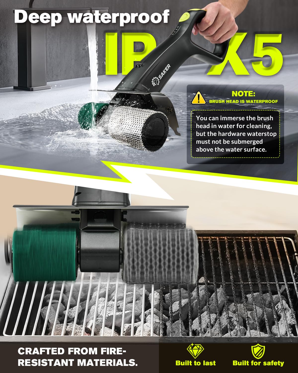 Saker handle and enlarged splash guard close-up protecting hands while cleaning hot grates