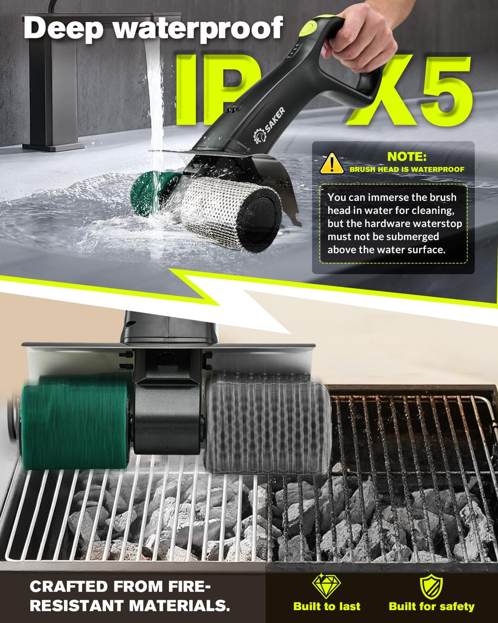Saker handle and enlarged splash guard close-up protecting hands while cleaning hot grates