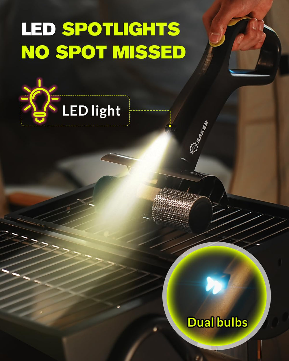 Saker brush in use on charcoal grill removing burnt-on residue to speed post-bbq cleanup