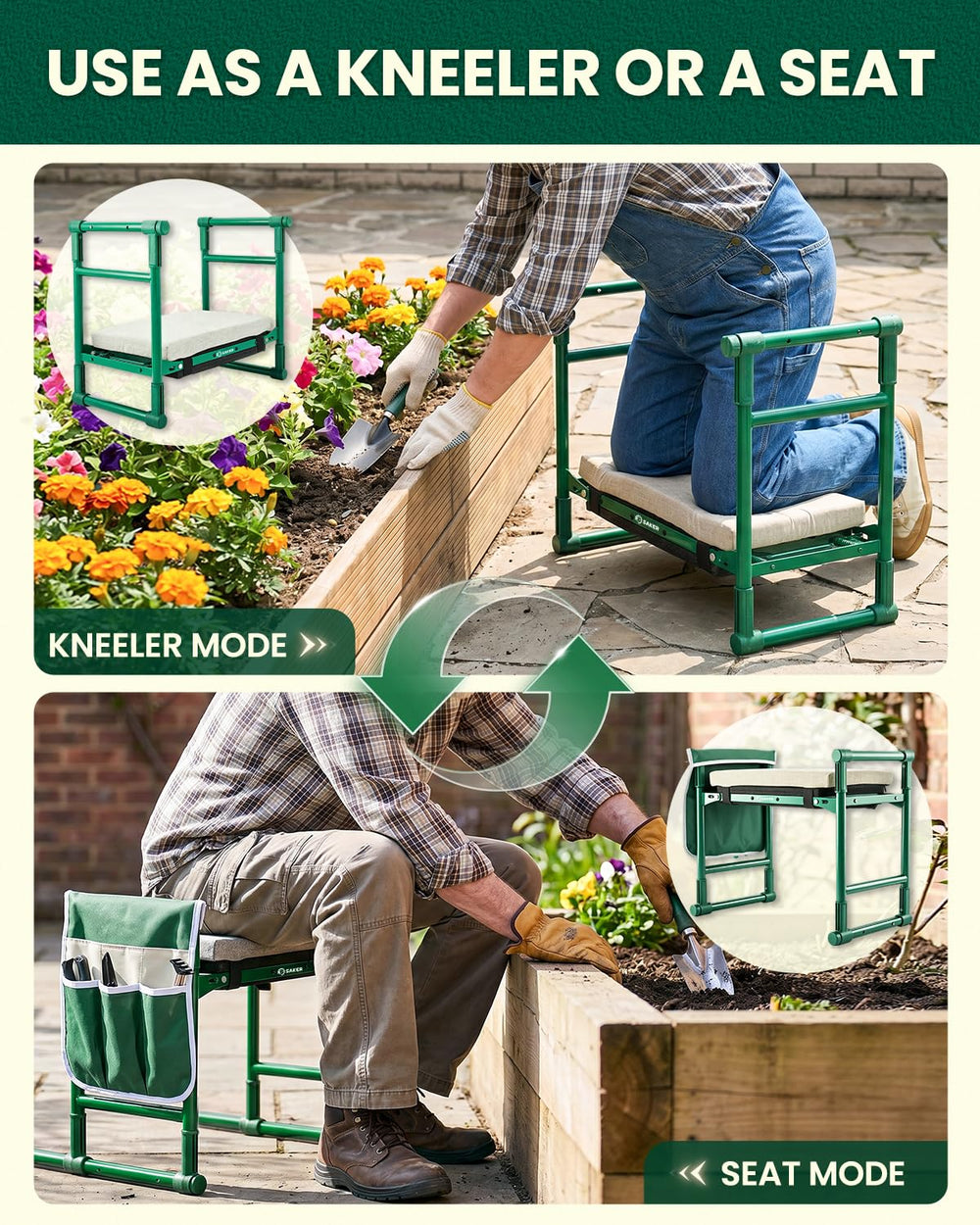 Saker kneel mode during weeding protecting knees and reducing strain