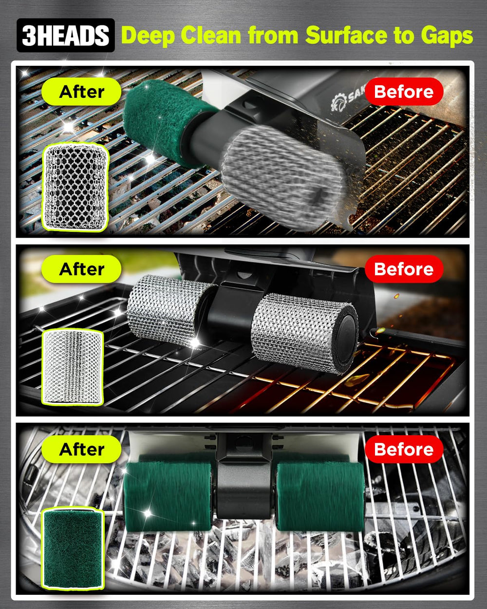 Saker LED light illuminating grill grates for precise spot cleaning in low light