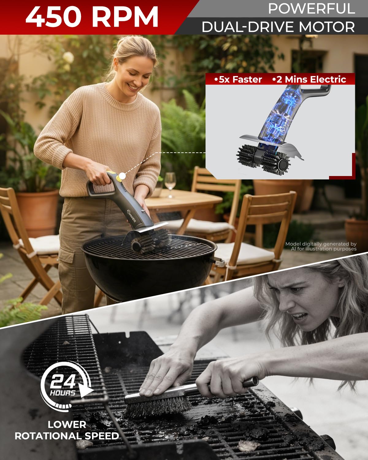 Saker LED spotlight illuminating grill grate for precise cleaning