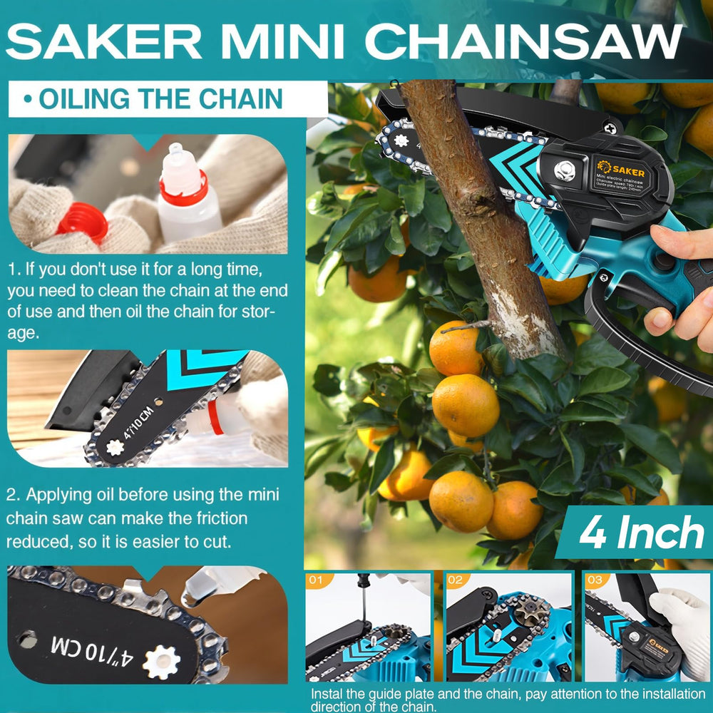 Saker accessories laid out including oil, screwdriver, wrench for simple maintenance