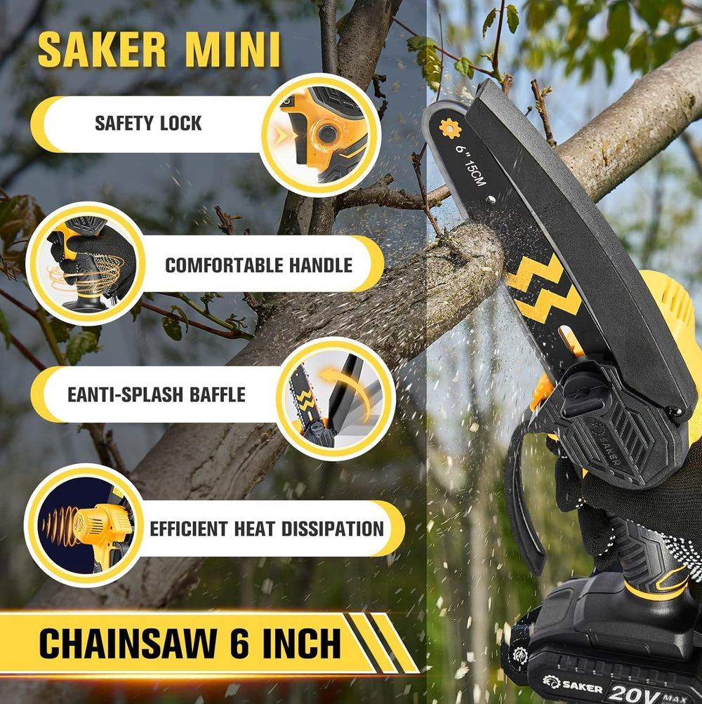 Saker mini chainsaw batteries and charger showing quick-swap convenience