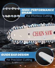 Saker chain close-up showing sharp teeth and durable guide bar benefit
