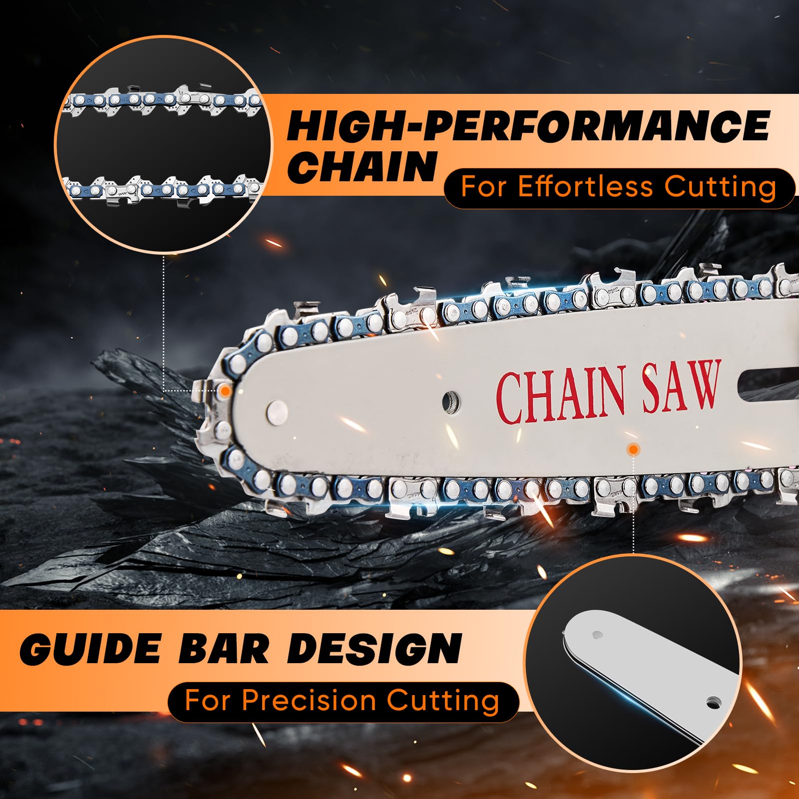Saker mini chainsaw guide chain close-up showing hardened chain for smoother cuts benefit