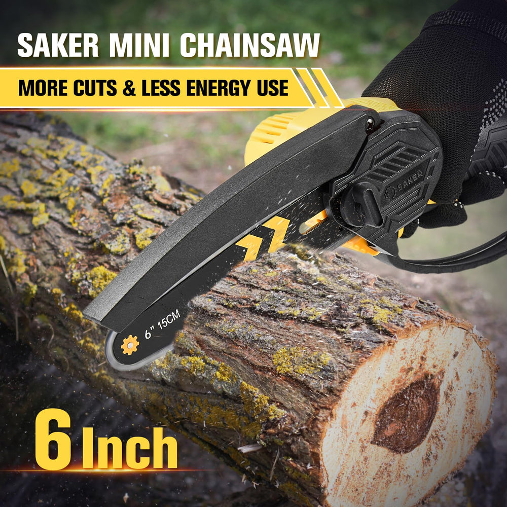 Saker mini chainsaw close-up of chain and bar highlighting cutting detail