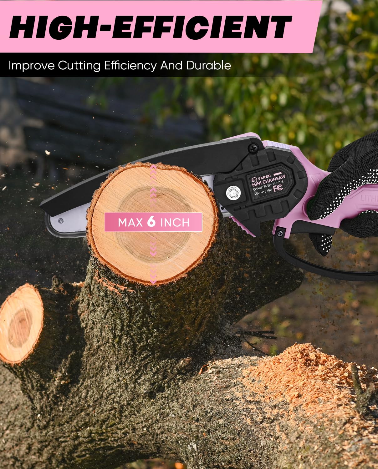 Saker mini chainsaw close-up chain and bar showing sharp teeth and durability