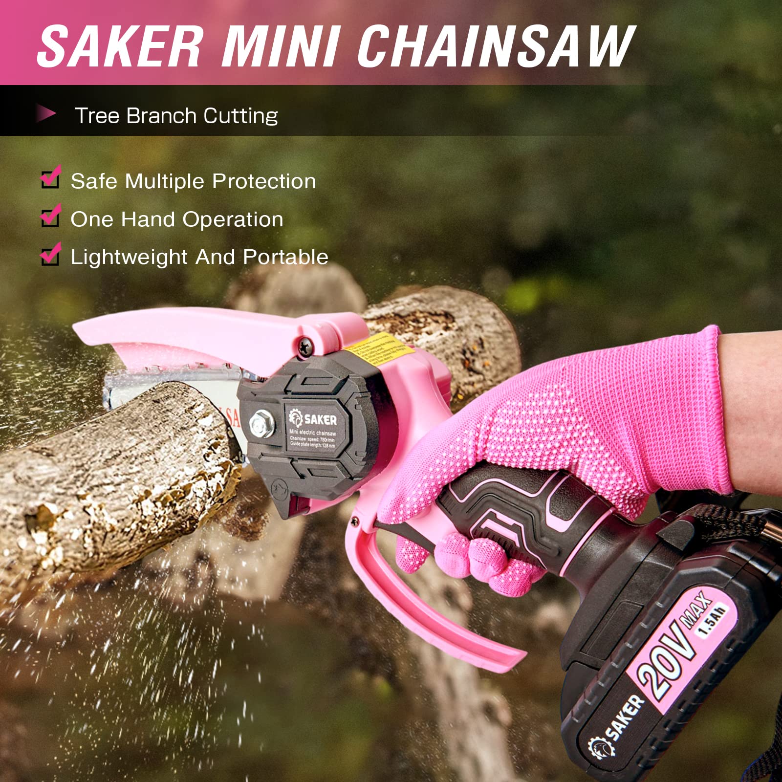 Saker mini chainsaw cutting a garden branch illustrating quick pruning benefit