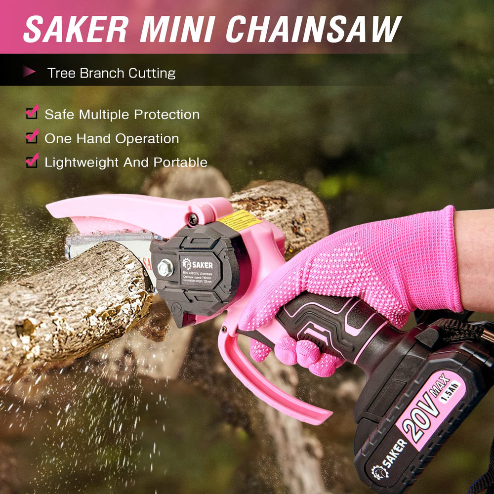 Saker mini chainsaw cutting a garden branch illustrating quick pruning benefit