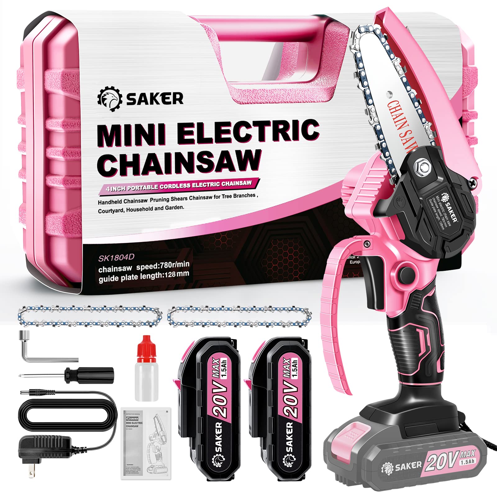 Saker pink mini chainsaw front view showing compact design and portability
