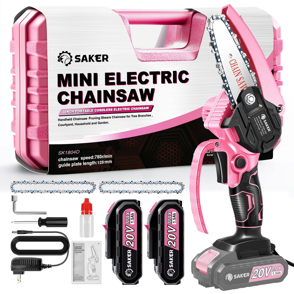 Saker pink mini chainsaw front view showing compact design and portability