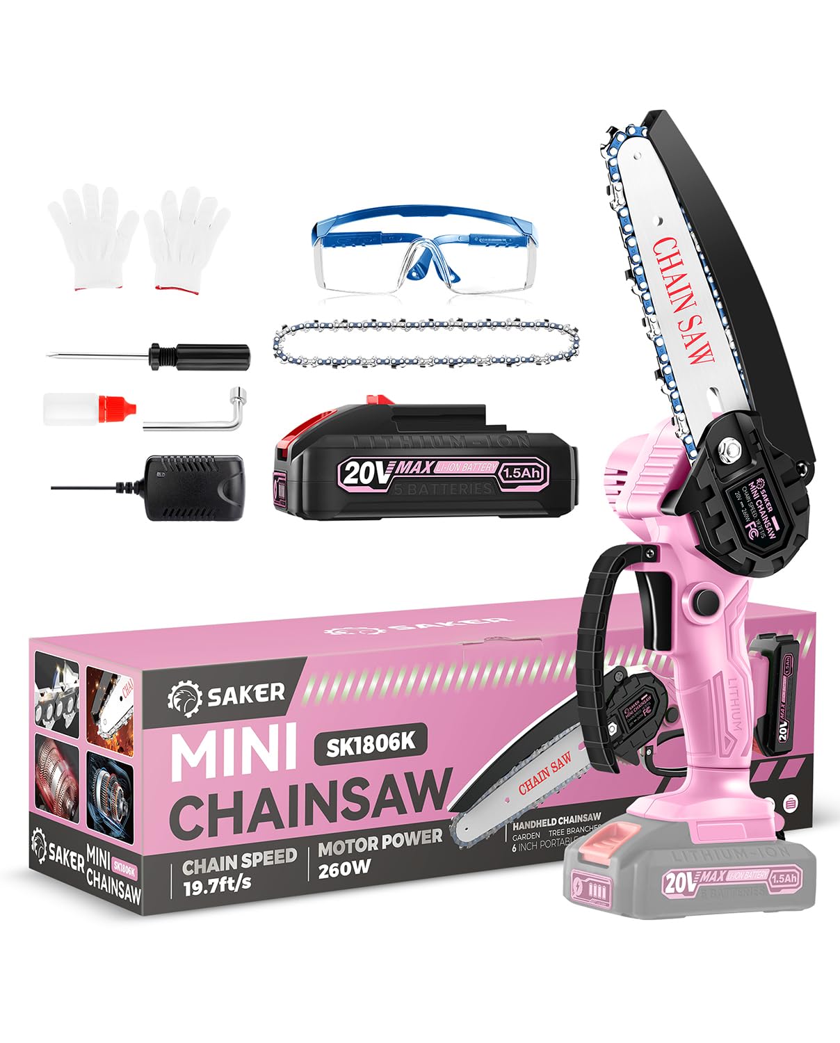 Saker mini chainsaw front view in pink showing compact design and portability