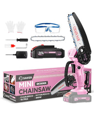 Saker mini chainsaw front view in pink showing compact design and portability