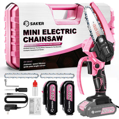 Saker pink mini chainsaw front view showing compact design and portability
