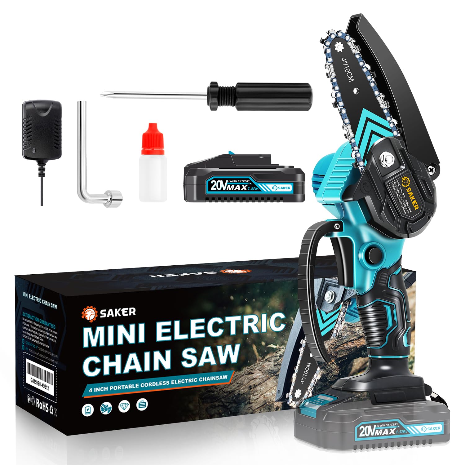 Saker mini chainsaw front view showing compact body and handle for easy control