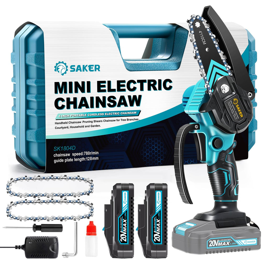 Saker mini chainsaw front view showing compact design and ready-to-use benefit