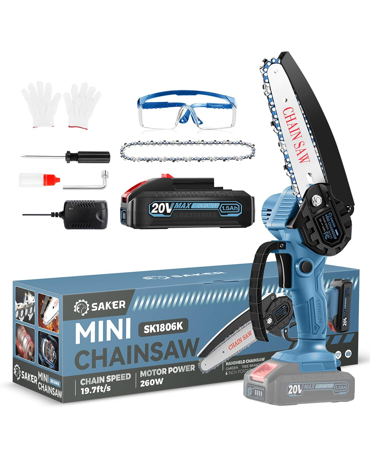 Saker mini chainsaw front view showing compact control and balance benefit