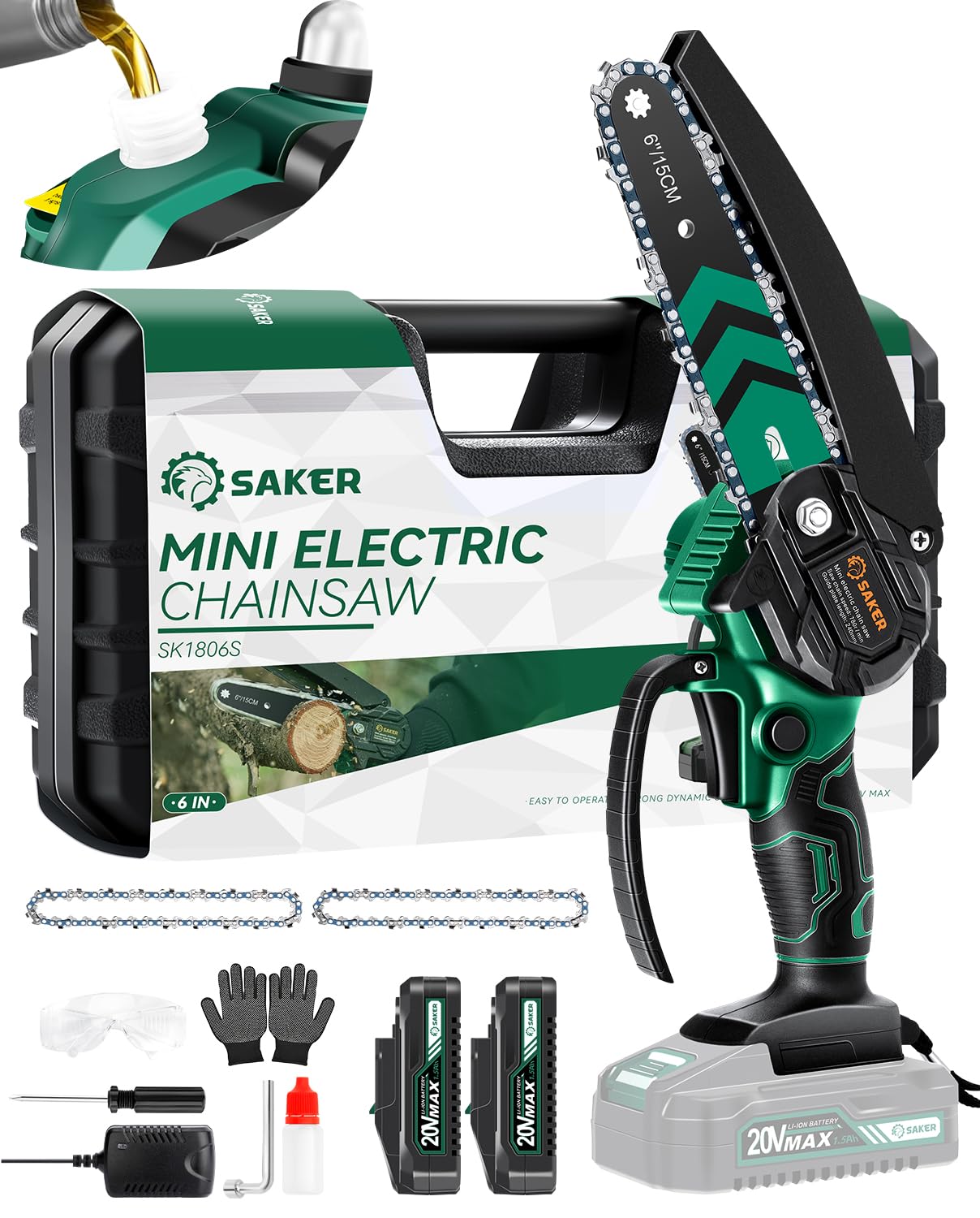 Saker mini chainsaw front view showing compact saw and bar, easy portability benefit