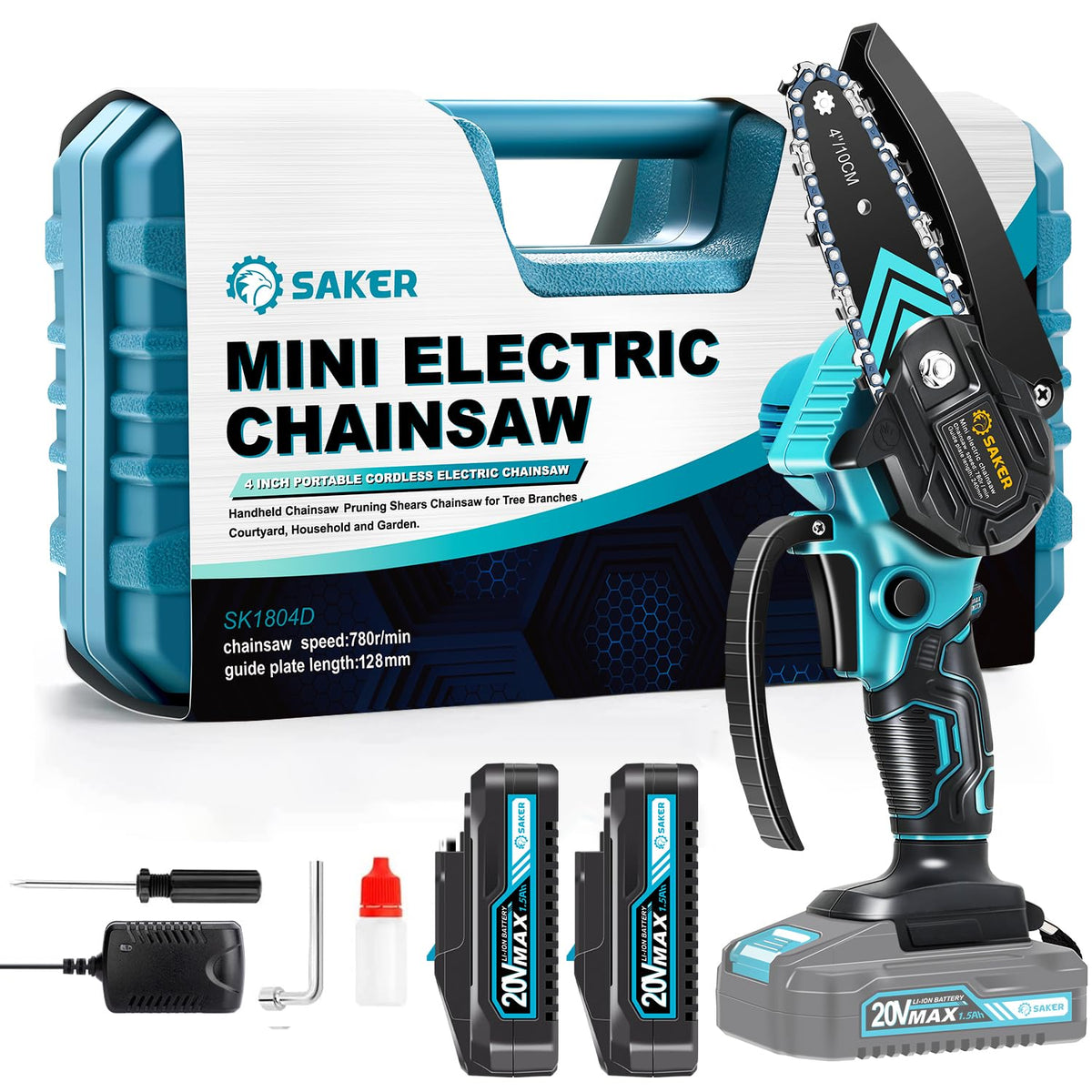 Saker mini chainsaw front view showing compact design and portability benefit