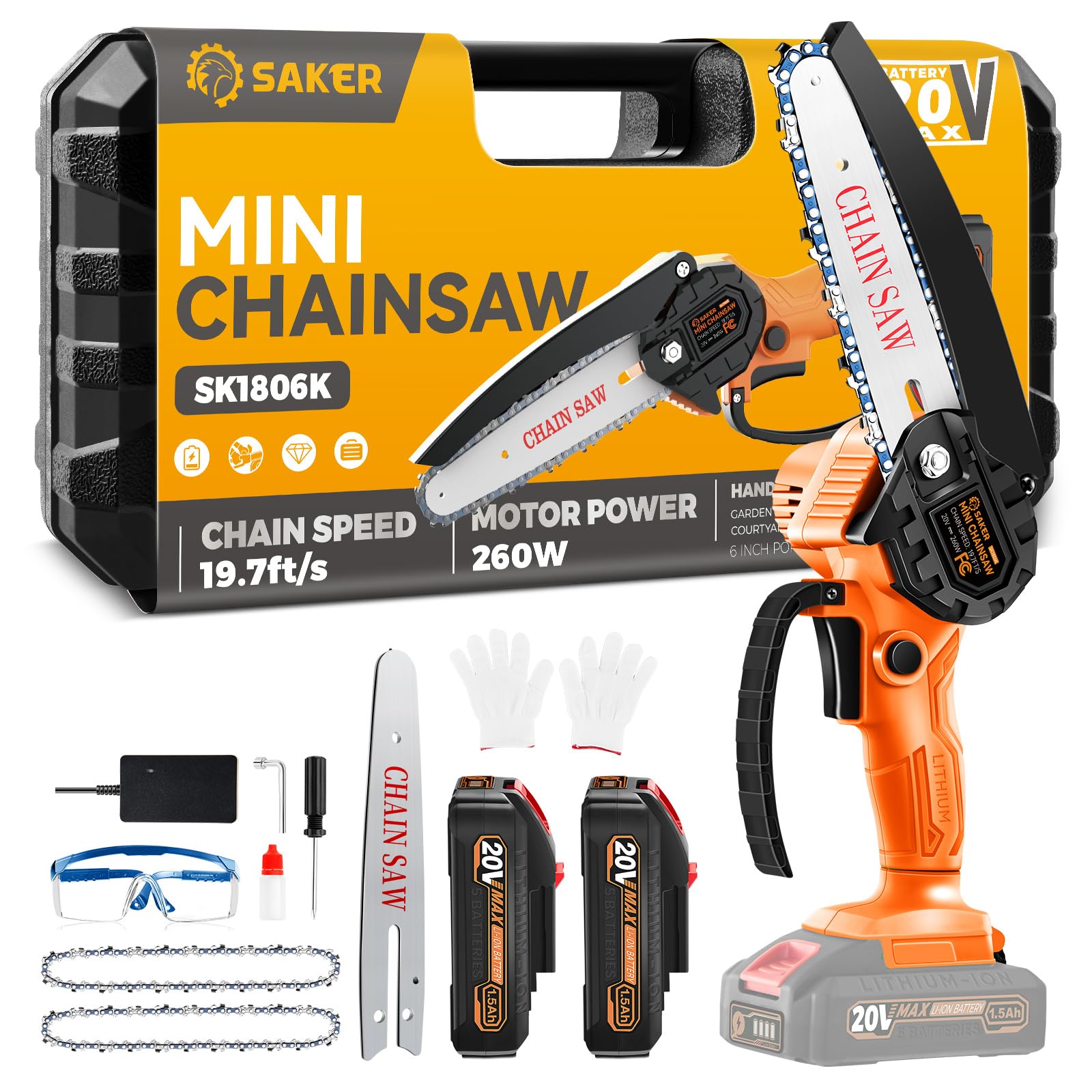 Saker mini chainsaw front view showing compact shape and easy grip benefit