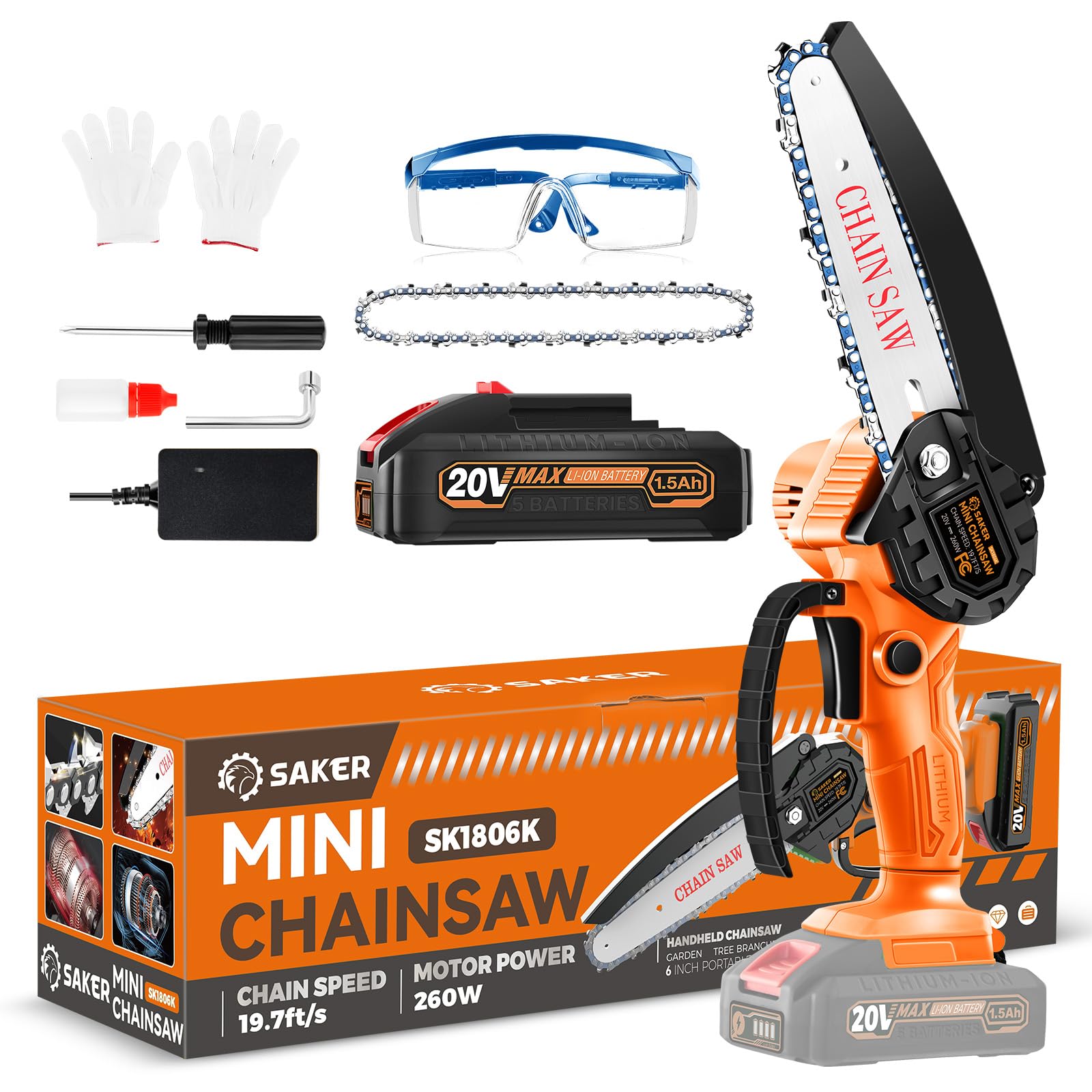Saker mini chainsaw front view showing compact design and portability