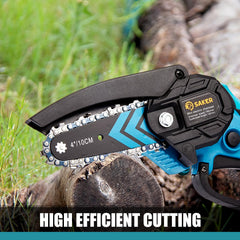 Saker mini chainsaw held in one hand demonstrating lightweight portable benefit