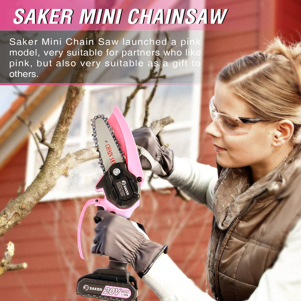 Saker chainsaw label and charging port detail showing clear product info