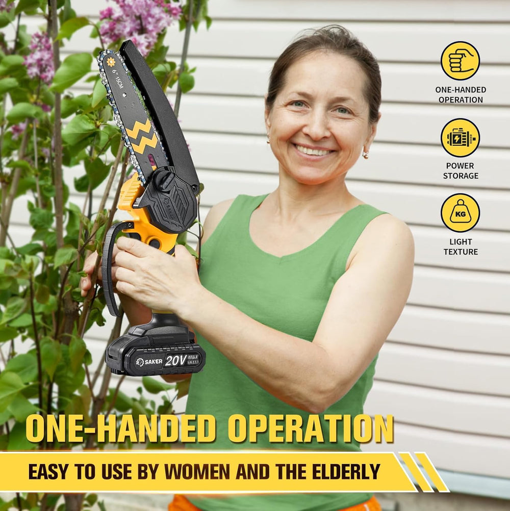 Saker mini chainsaw on garden workbench showcasing outdoor trimming use