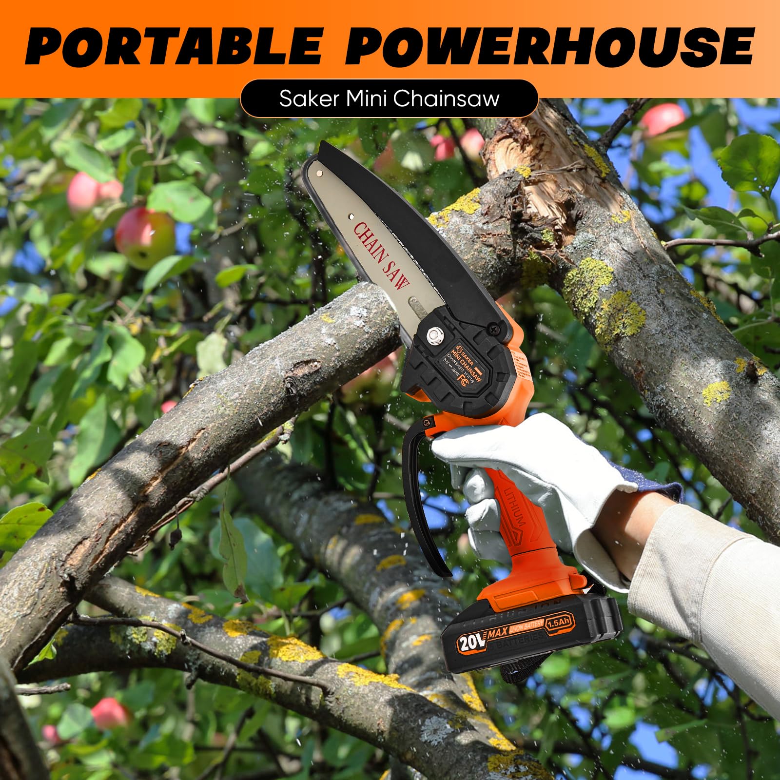 Saker mini chainsaw held in a hand to show light weight and control benefit