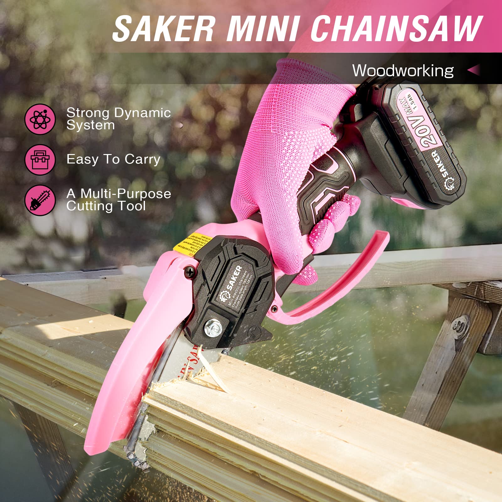 Saker mini chainsaw beside ruler for scale showing true compact measurements