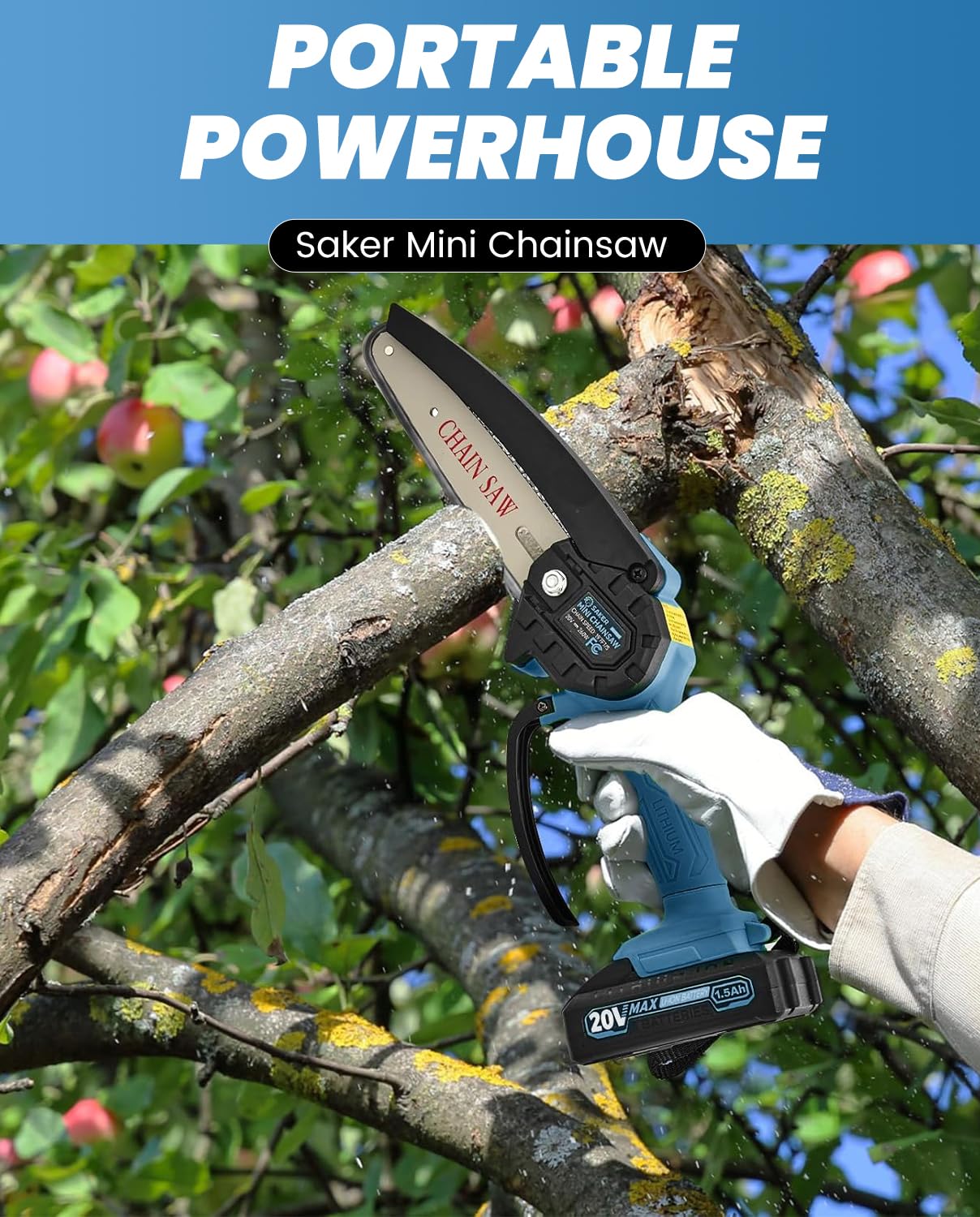 Saker mini chainsaw next to hand showing scale and effortless handling benefit