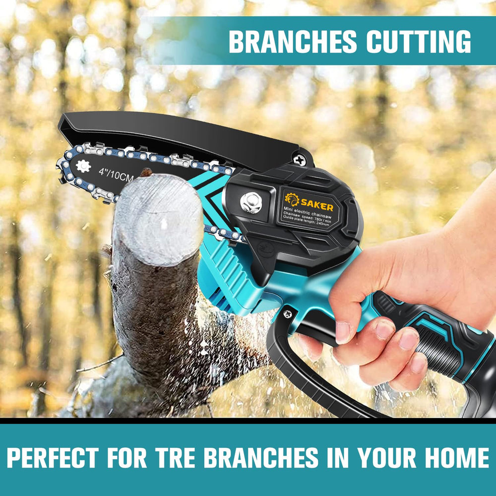 Saker mini chainsaw arranged with three chains highlighting replacement readiness