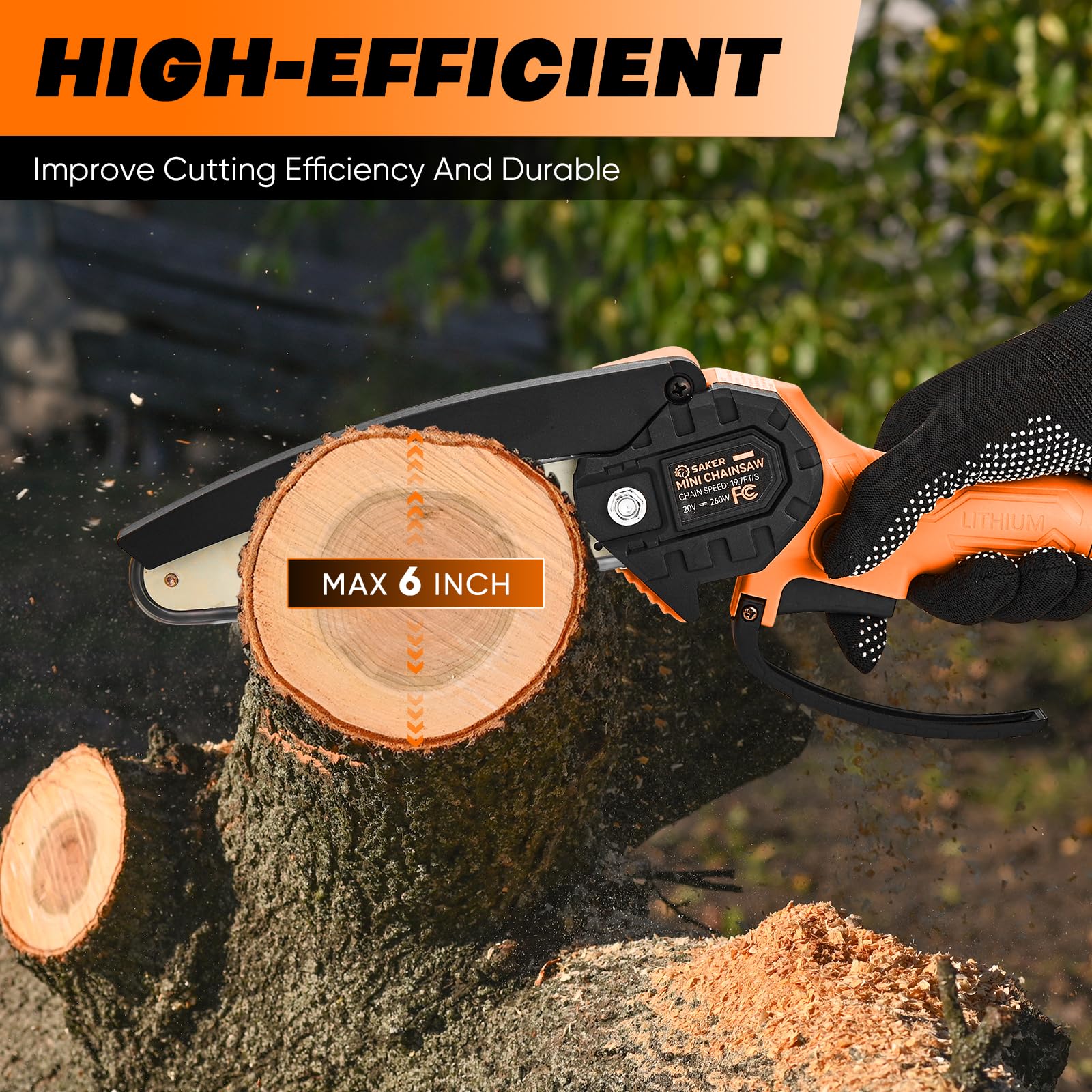 Saker mini chainsaw motor close-up highlighting upgraded efficiency benefit