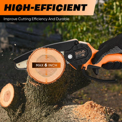 Saker mini chainsaw motor close-up highlighting upgraded efficiency benefit