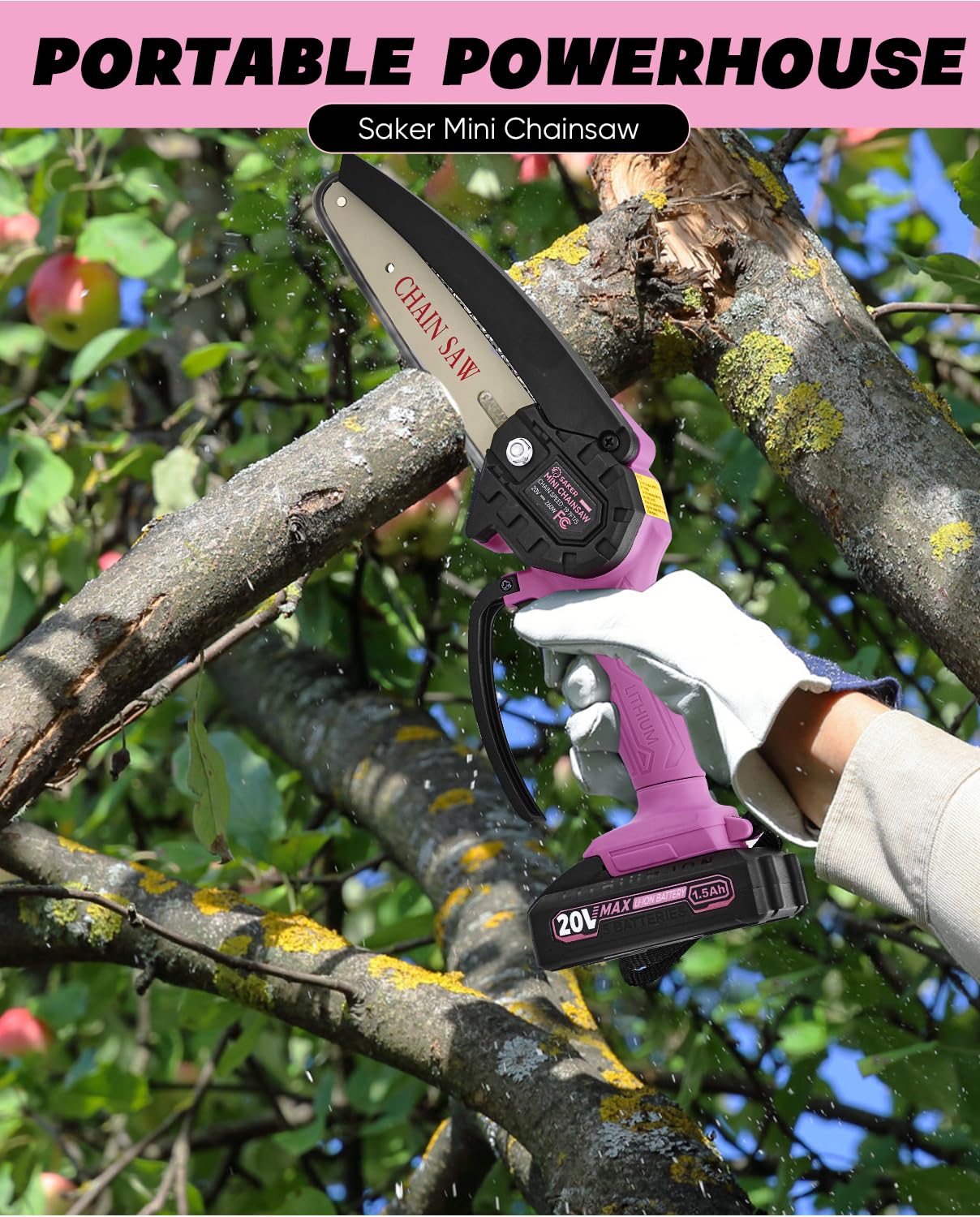 Saker mini chainsaw cutting a garden branch showing efficient pruning benefit