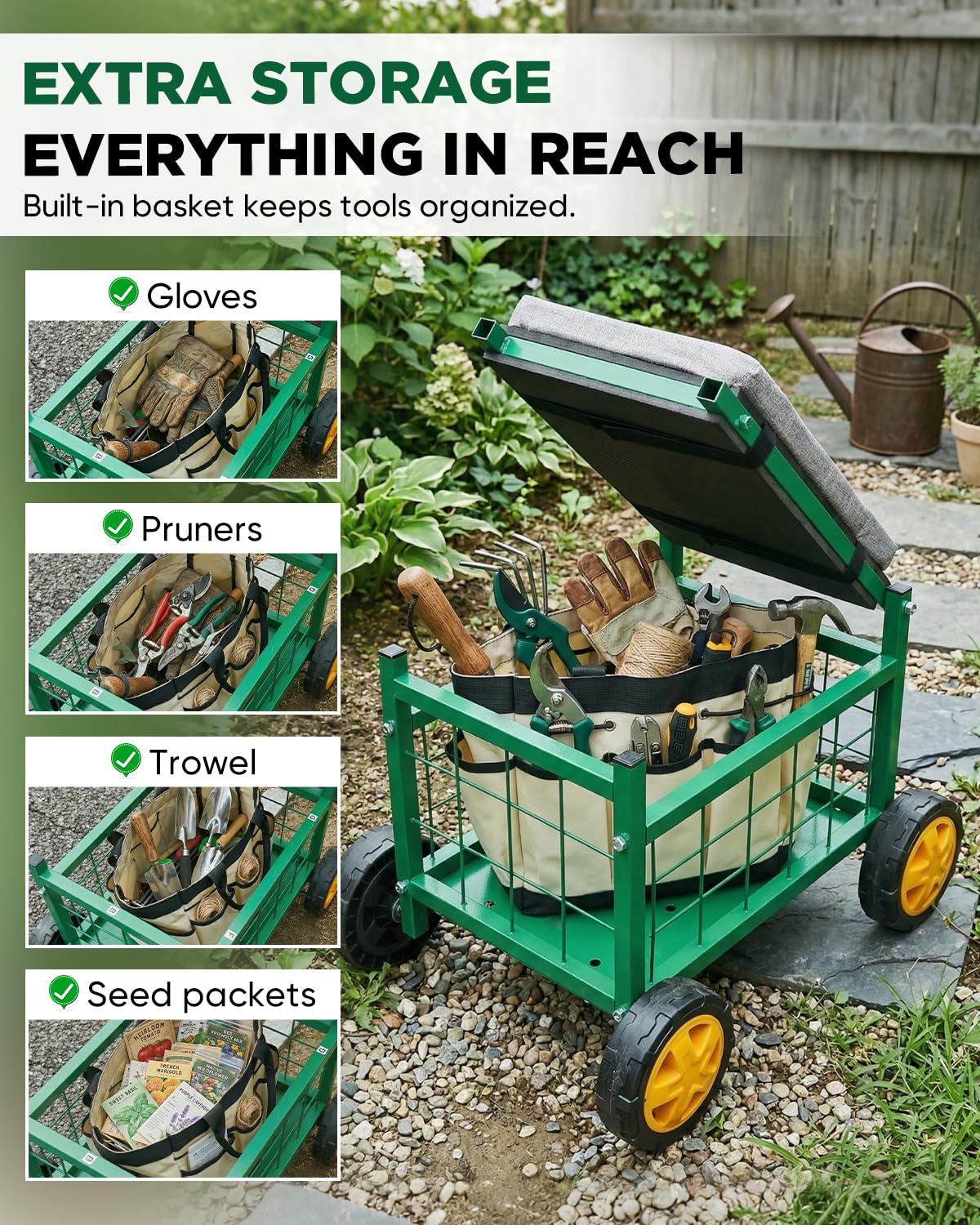 Saker durable wheels rolling across lawn, smooth movement benefit