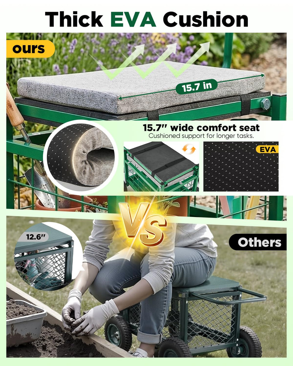 Saker beside common garden tools for scale, 500 lb capacity benefit