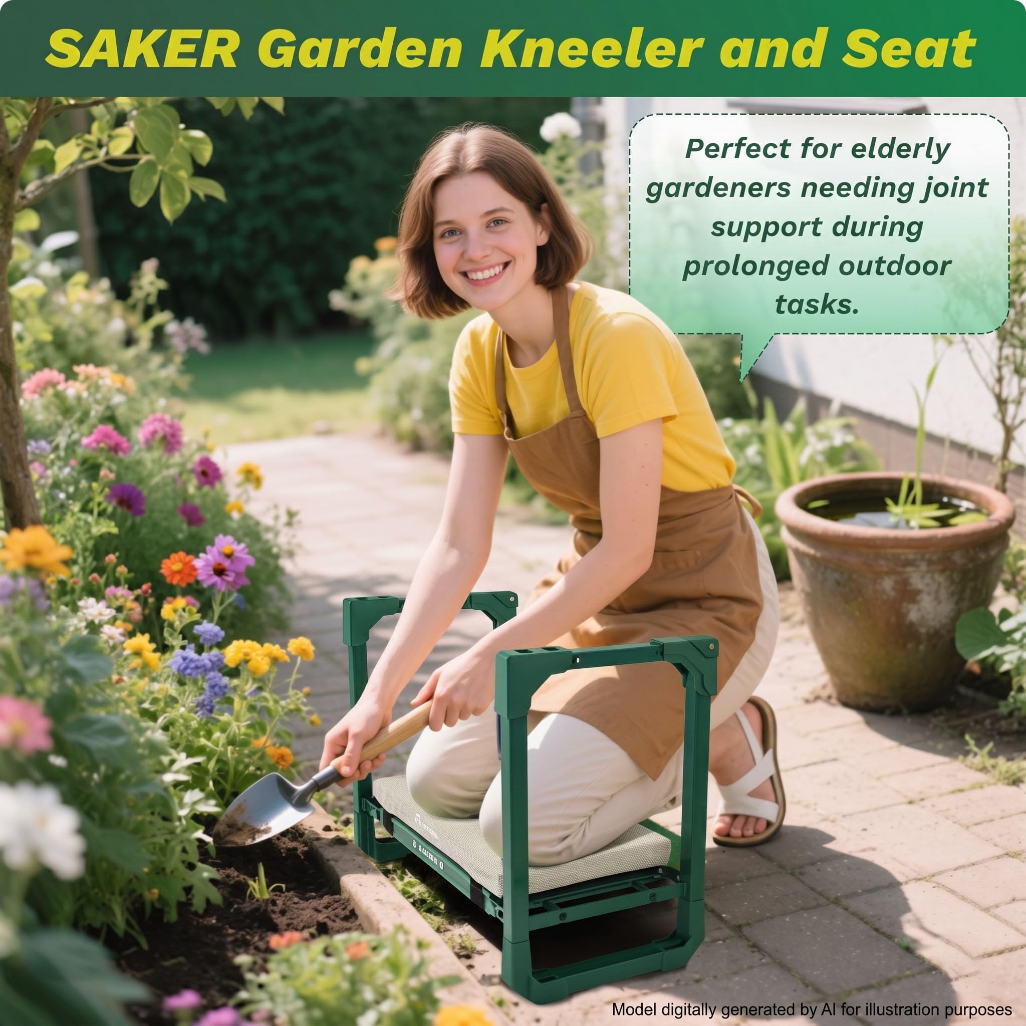 Saker scale comparison next to garden tools showing compact size and convenience