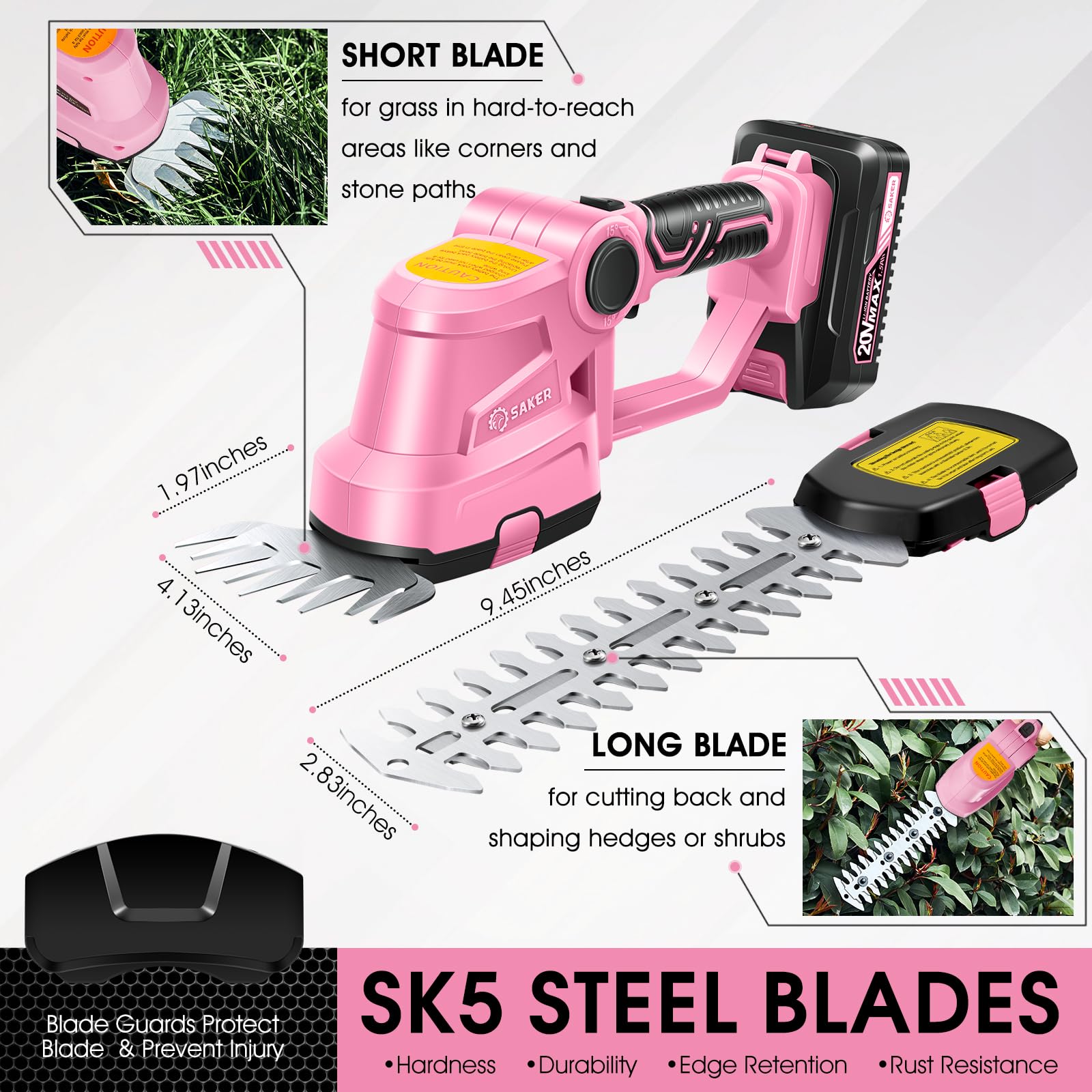 Saker short grass blade close-up showing compact cutter ideal for edging
