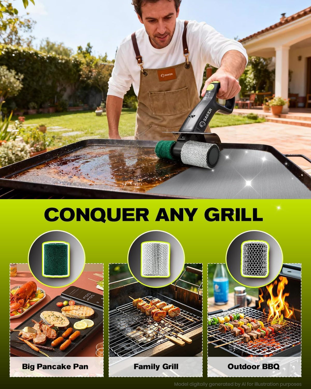 Saker size comparison next to a hand showing cordless portability and comfortable reach