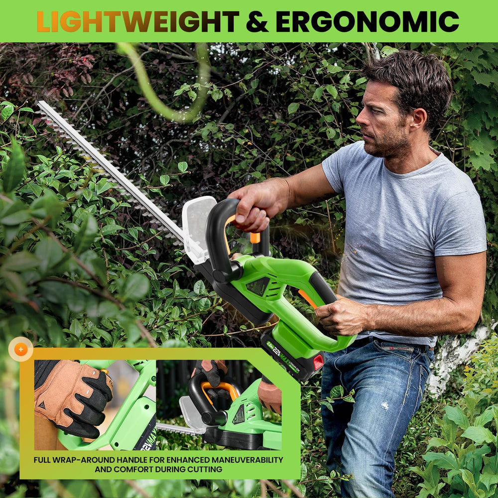 Saker trimmer beside garden tools to show scale and portability benefit