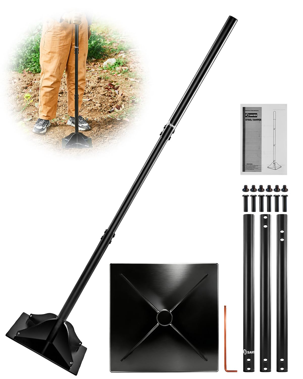 Saker front view of tamper showing full tool and benefits durability