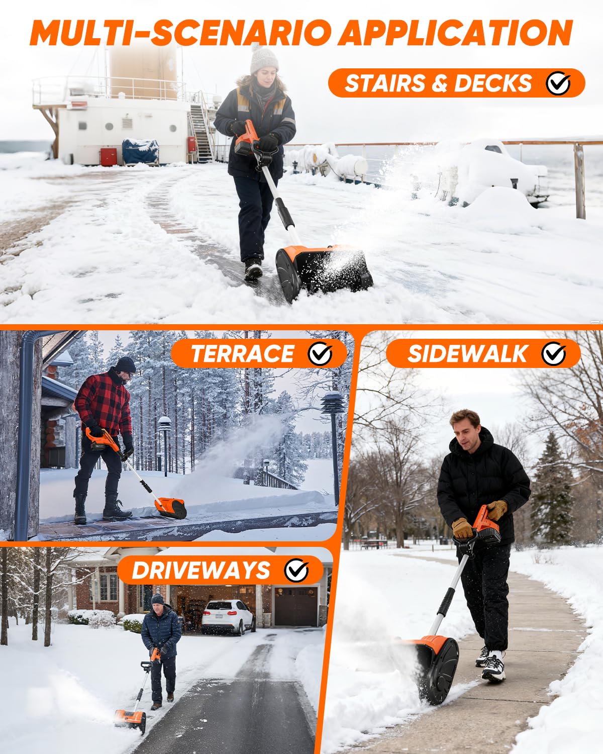 Saker throwing snow across yard illustrating up to 20-foot displacement