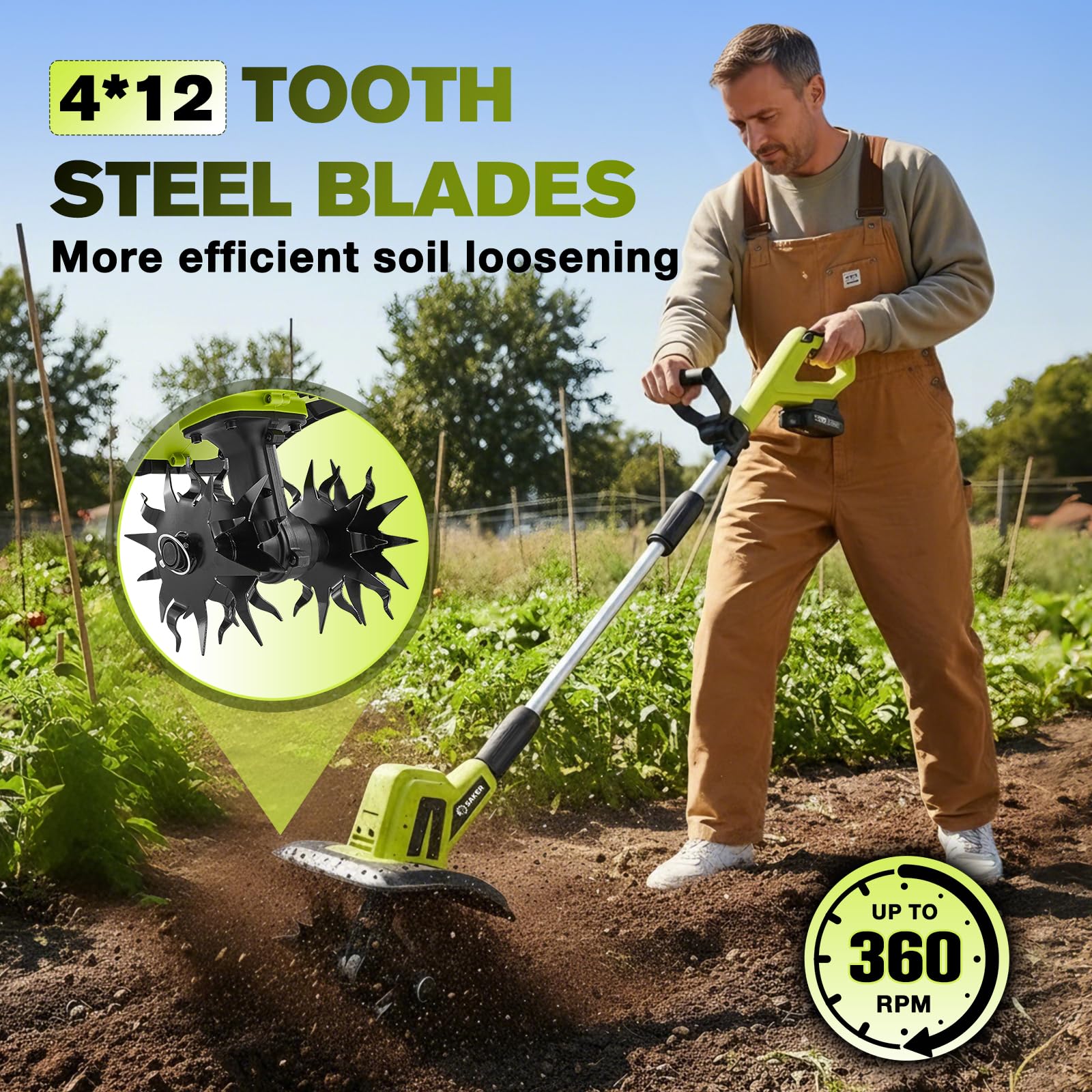 Saker close-up of four steel tines showing durable soil-turning action