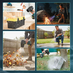 SAKERNEO blower in use clearing patio leaves showing efficient debris removal