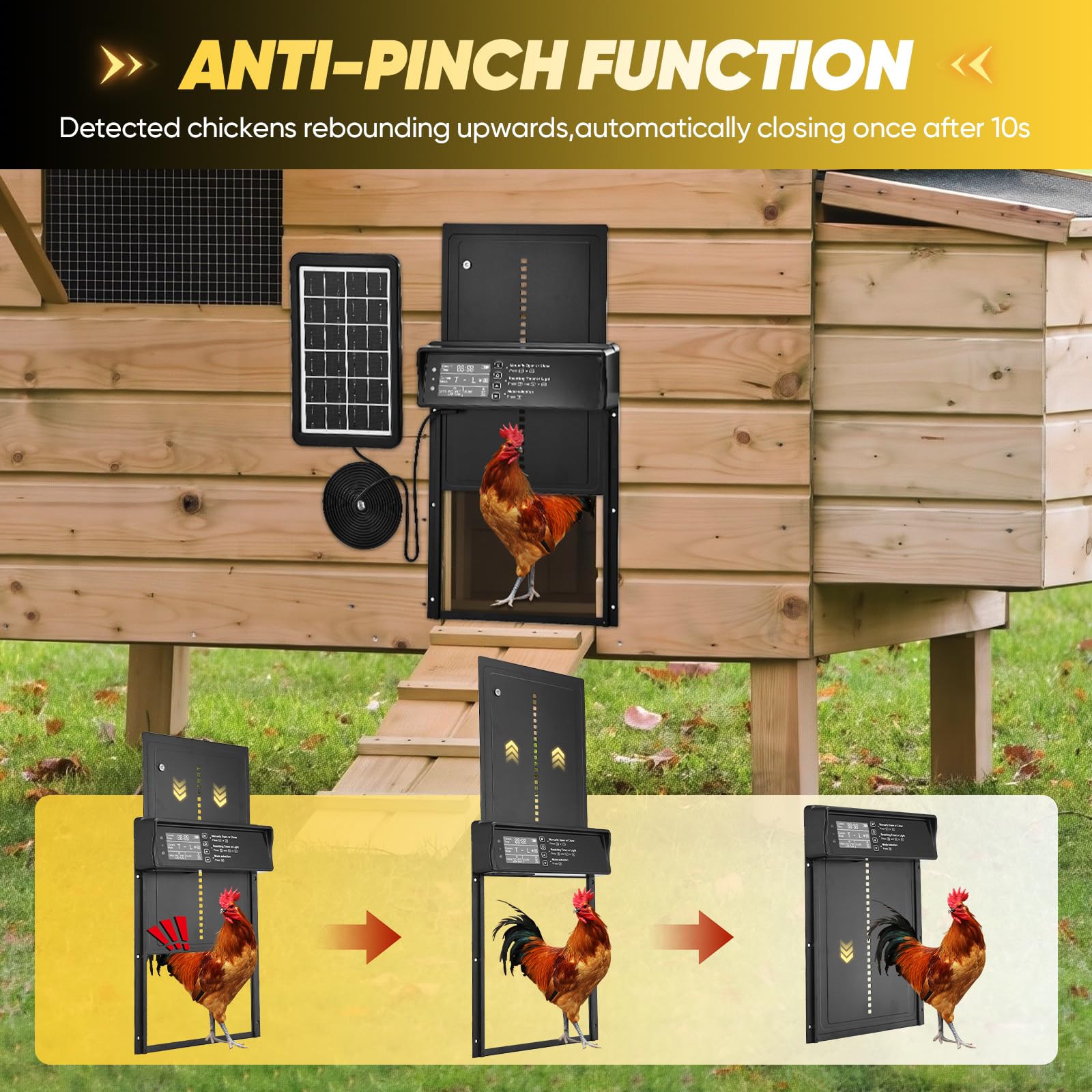 SakerPlus anti-pinch sensor detail illustrating safety reversal to protect chickens