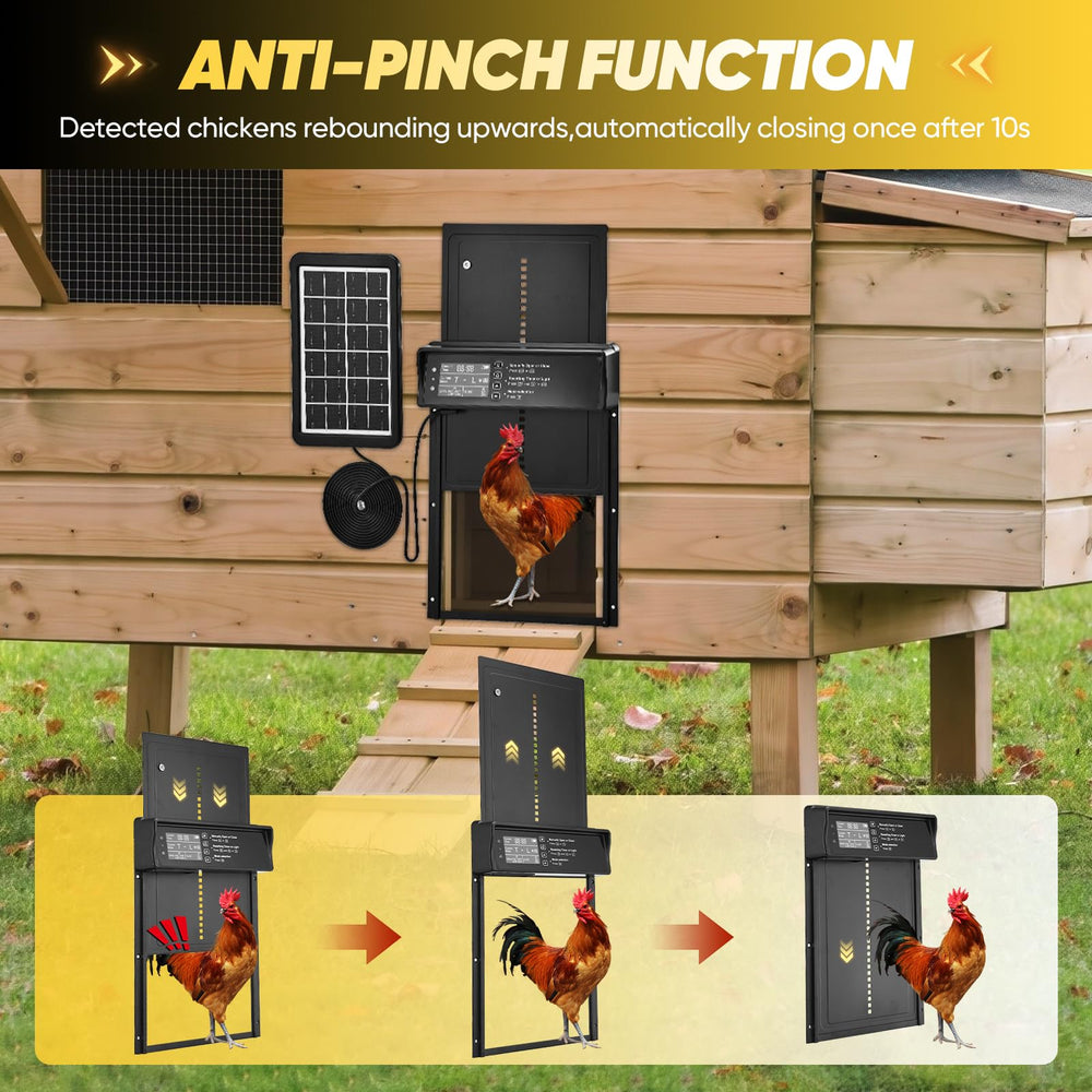 SakerPlus anti-pinch sensor detail illustrating safety reversal to protect chickens
