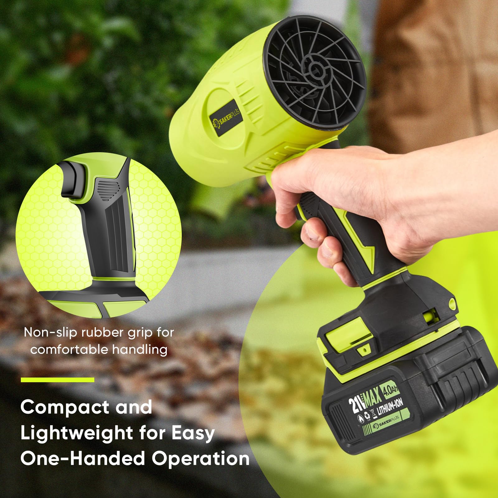 SakerPlus blowing leaves on a patio demonstrating fast outdoor cleanup